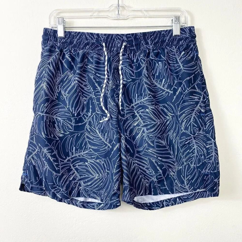 Men’s Navy Blue & White Tropical Leaf Pattern Swim Trunks Board Shorts Size S